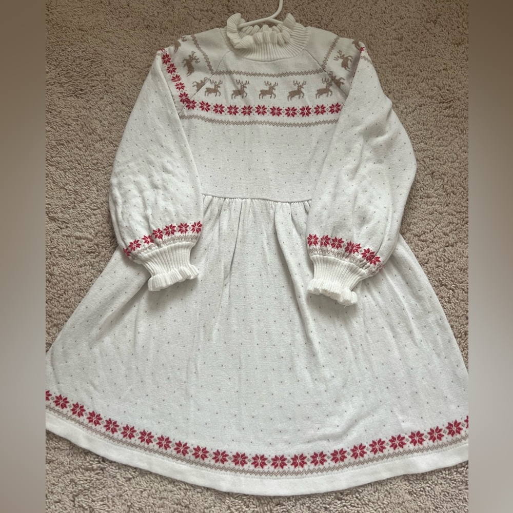Janie and Jack Ivory Knit Dress with Red and Taupe Fair Isle